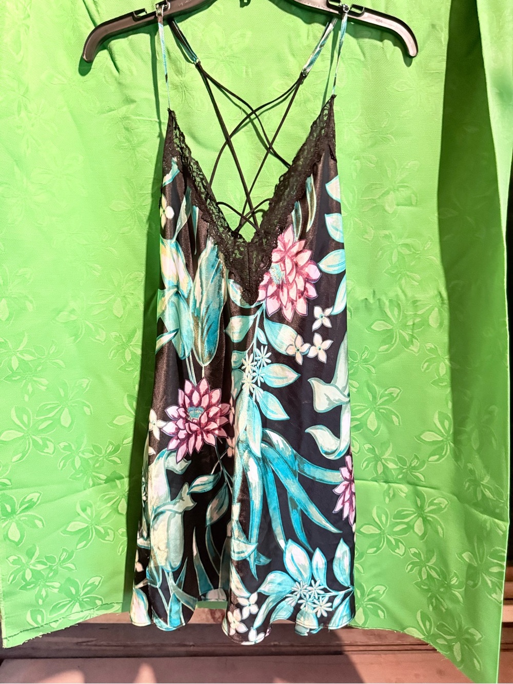 Anthropologie Black Satin Floral Slip with Teal & Pink Accents